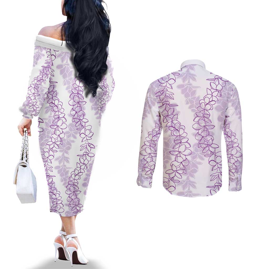 Hawaii Plumeria Lei Couples Matching Off The Shoulder Long Sleeve Dress and Long Sleeve Button Shirt Aloha Festive Vibe - Amethyst LT7 - Polynesian Pride