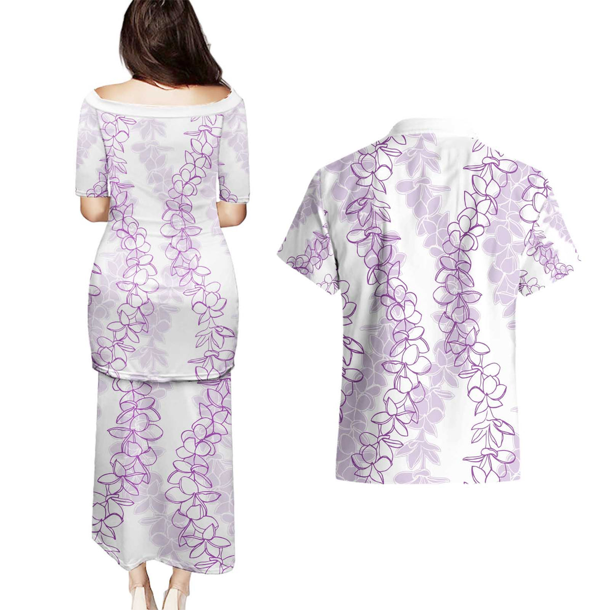 Hawaii Plumeria Lei Couples Matching Puletasi and Hawaiian Shirt Aloha Festive Vibe - Amethyst LT7 - Polynesian Pride