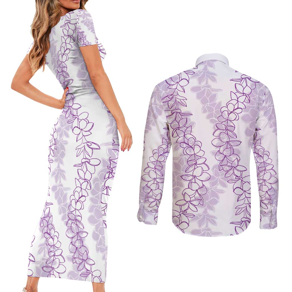 Hawaii Plumeria Lei Couples Matching Short Sleeve Bodycon Dress and Long Sleeve Button Shirt Aloha Festive Vibe - Amethyst LT7 - Polynesian Pride