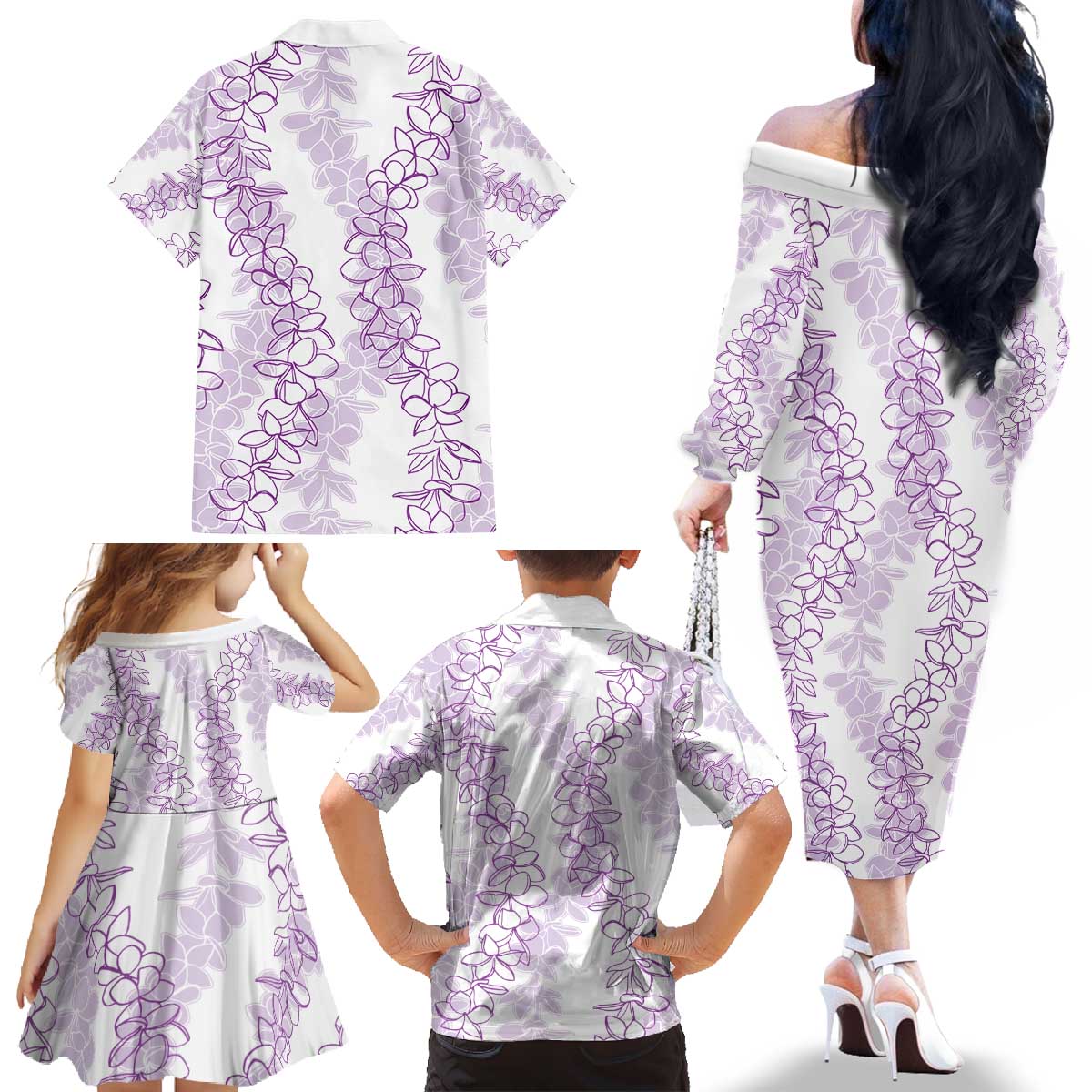 Hawaii Plumeria Lei Family Matching Off The Shoulder Long Sleeve Dress and Hawaiian Shirt Aloha Festive Vibe - Amethyst LT7 - Polynesian Pride