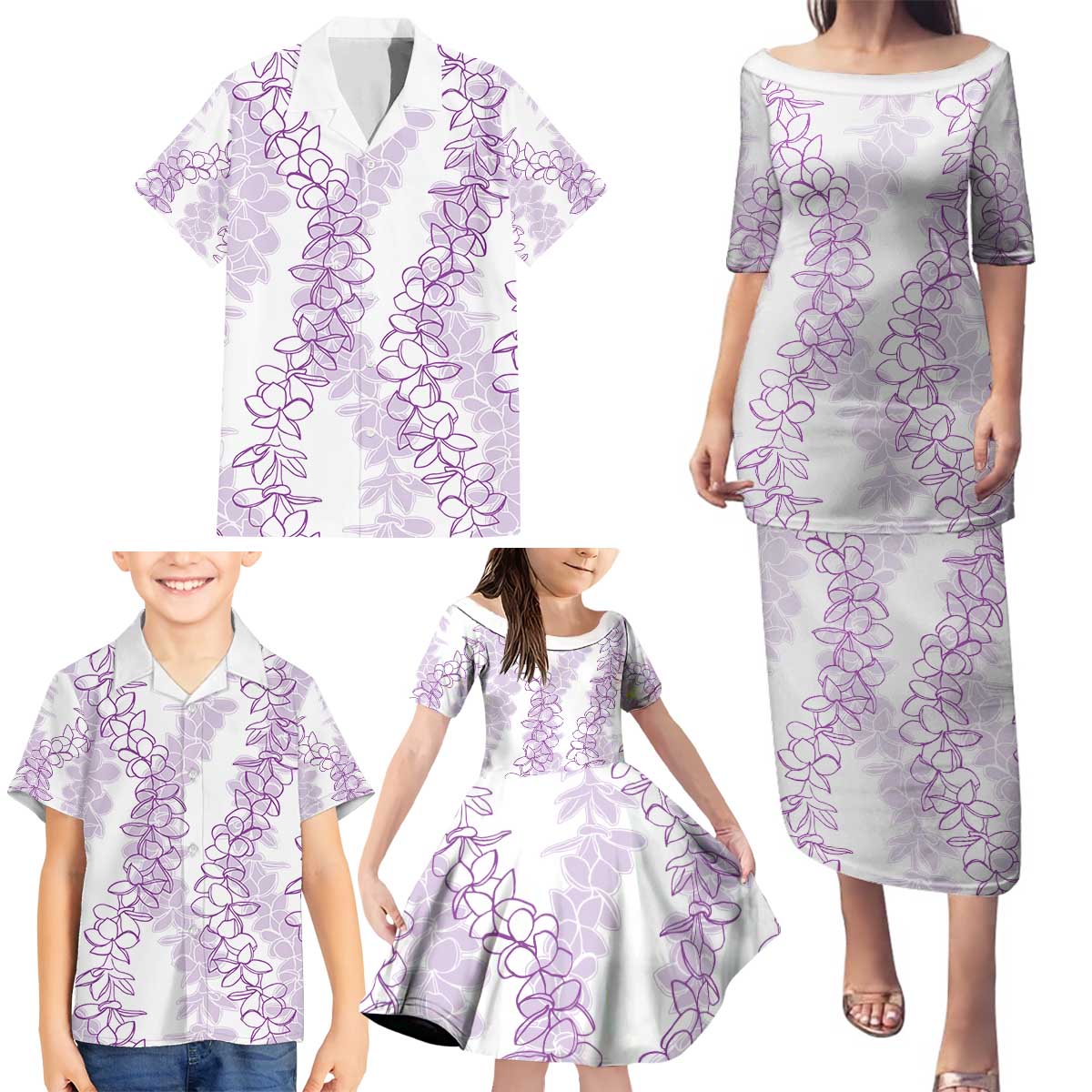 Hawaii Plumeria Lei Family Matching Puletasi and Hawaiian Shirt Aloha Festive Vibe - Amethyst LT7 - Polynesian Pride