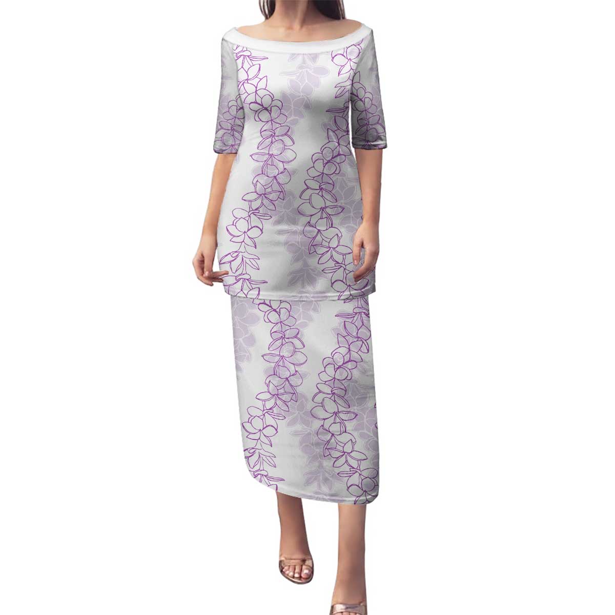 Hawaii Plumeria Lei Family Matching Puletasi and Hawaiian Shirt Aloha Festive Vibe - Amethyst LT7 Mom's Dress Amethyst - Polynesian Pride