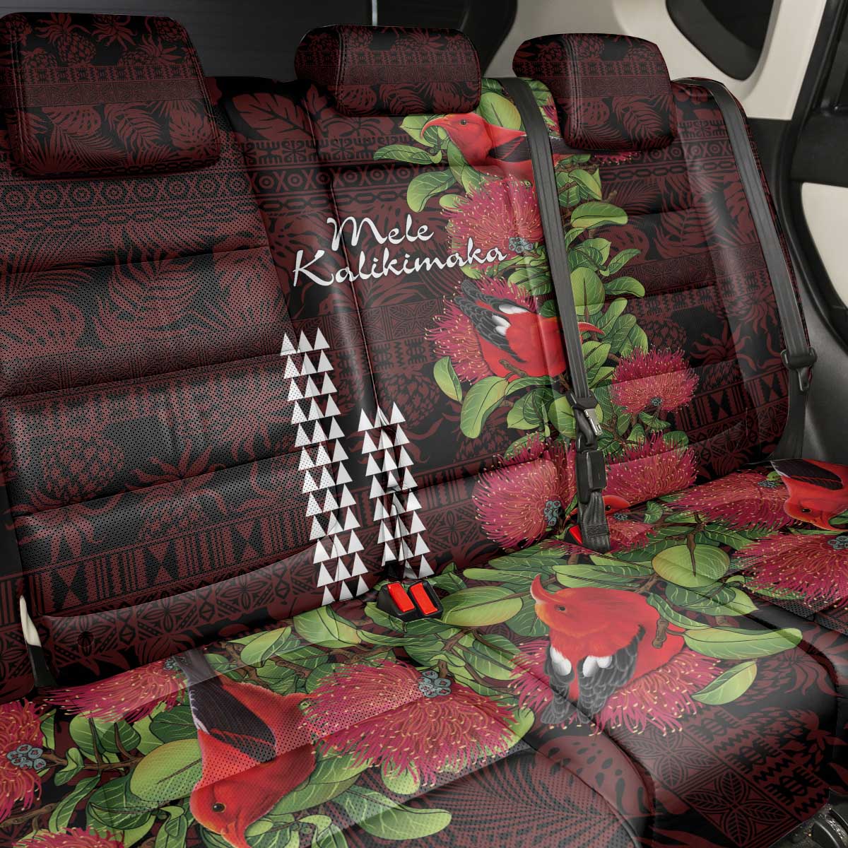 Hawaii Mele Kalikimaka Kakau Back Car Seat Cover I'iwi Bird on Ohia Lehua LT7 - Polynesian Pride