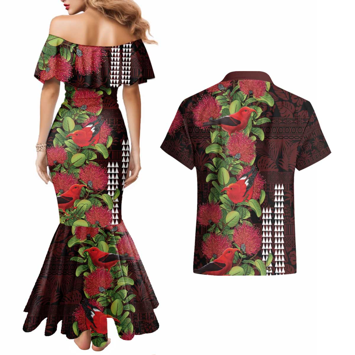 Hawaii Mele Kalikimaka Kakau Couples Matching Mermaid Dress and Hawaiian Shirt I'iwi Bird on Ohia Lehua LT7 - Polynesian Pride