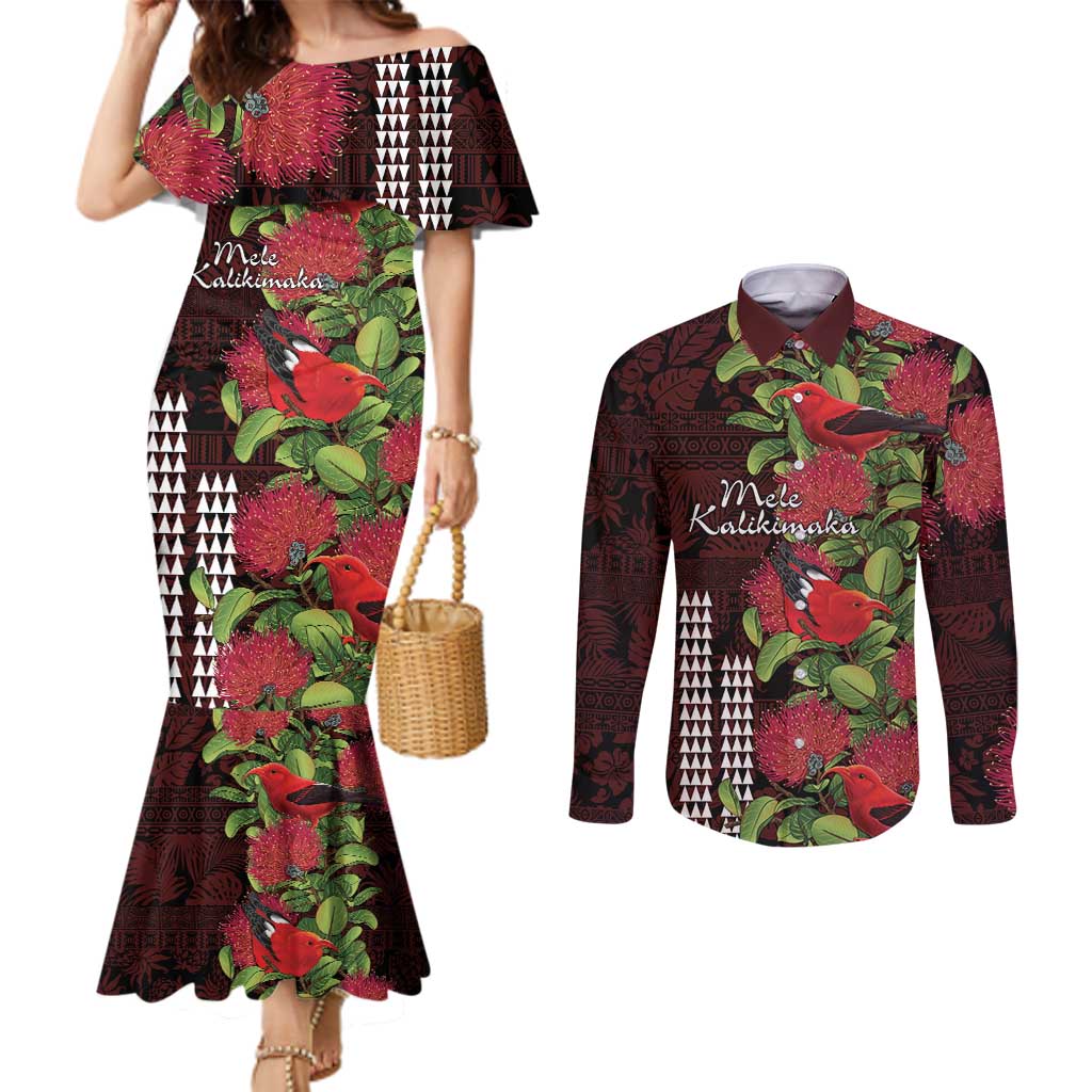 Hawaii Mele Kalikimaka Kakau Couples Matching Mermaid Dress and Long Sleeve Button Shirt I'iwi Bird on Ohia Lehua