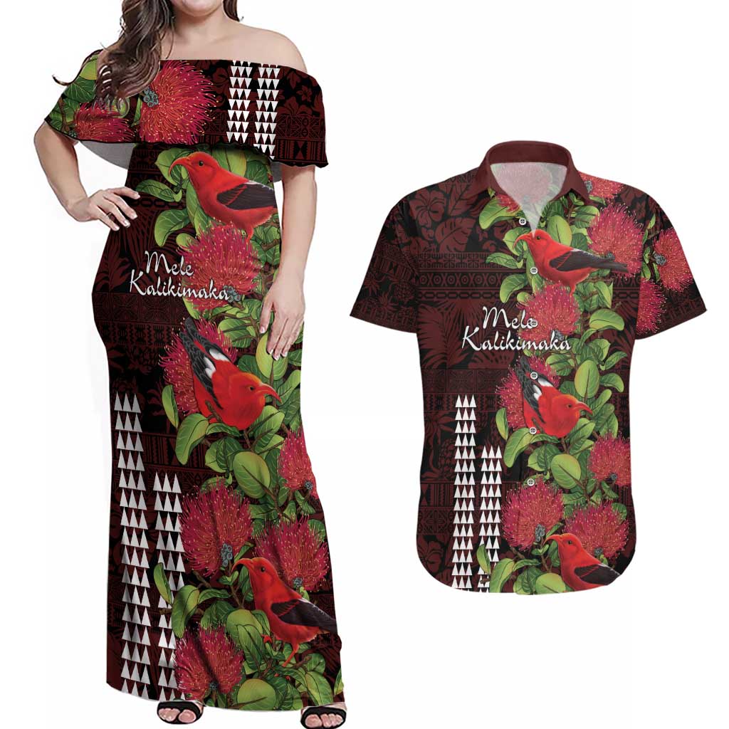 Hawaii Mele Kalikimaka Kakau Couples Matching Off Shoulder Maxi Dress and Hawaiian Shirt I'iwi Bird on Ohia Lehua LT7 Black Red - Polynesian Pride