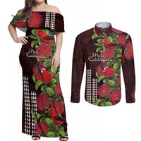 Hawaii Mele Kalikimaka Kakau Couples Matching Off Shoulder Maxi Dress and Long Sleeve Button Shirt I'iwi Bird on Ohia Lehua LT7 Black Red - Polynesian Pride