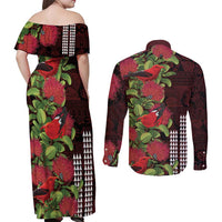Hawaii Mele Kalikimaka Kakau Couples Matching Off Shoulder Maxi Dress and Long Sleeve Button Shirt I'iwi Bird on Ohia Lehua LT7 - Polynesian Pride