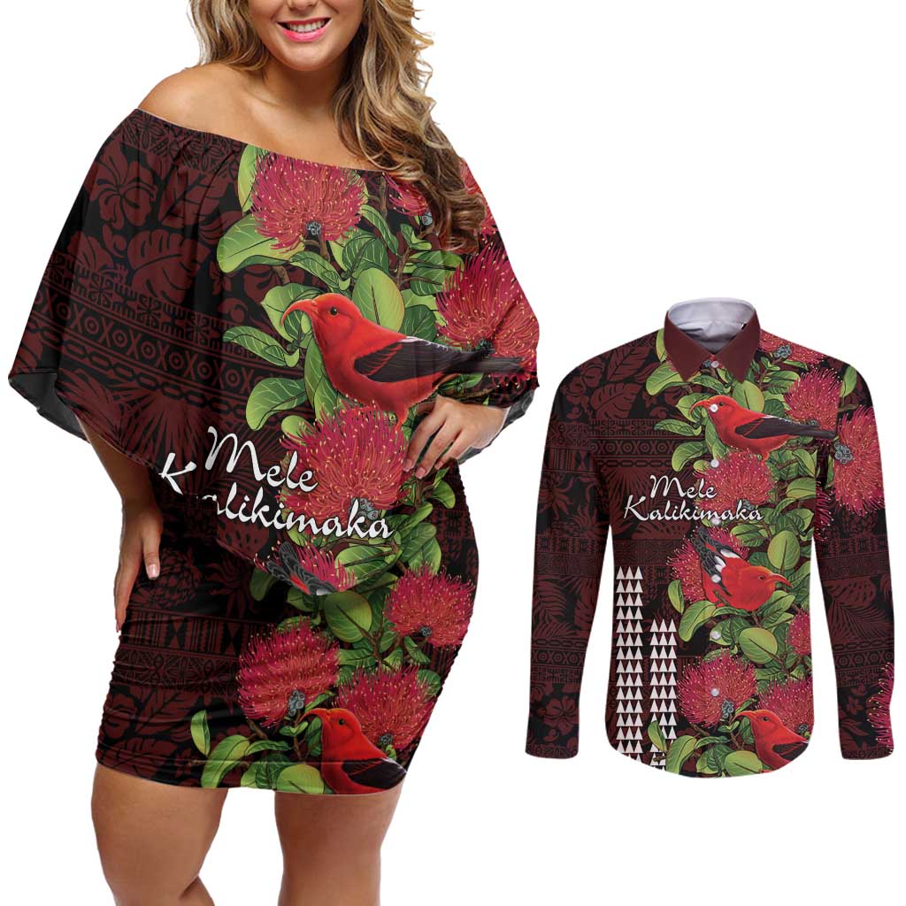 Hawaii Mele Kalikimaka Kakau Couples Matching Off Shoulder Short Dress and Long Sleeve Button Shirt I'iwi Bird on Ohia Lehua LT7 Black Red - Polynesian Pride
