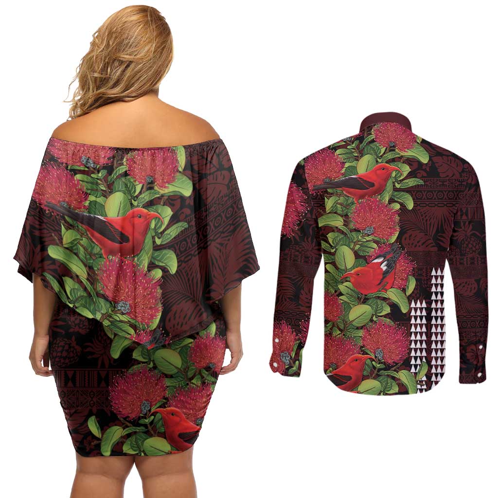 Hawaii Mele Kalikimaka Kakau Couples Matching Off Shoulder Short Dress and Long Sleeve Button Shirt I'iwi Bird on Ohia Lehua LT7 - Polynesian Pride