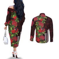 Hawaii Mele Kalikimaka Kakau Couples Matching Off The Shoulder Long Sleeve Dress and Long Sleeve Button Shirt I'iwi Bird on Ohia Lehua LT7 - Polynesian Pride