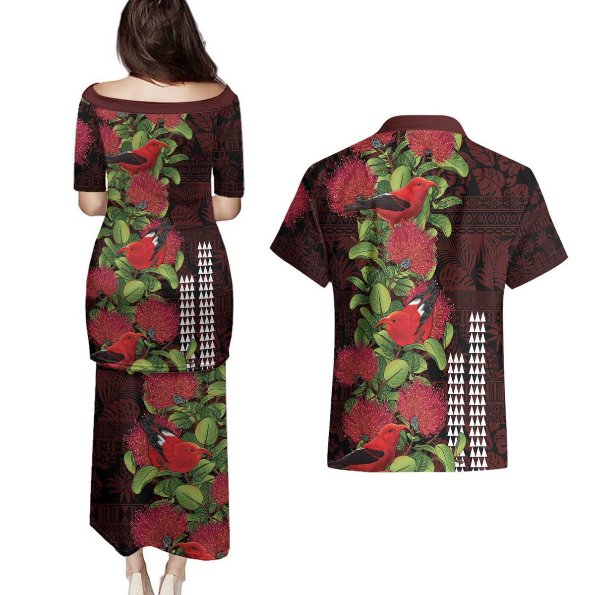 Hawaii Mele Kalikimaka Kakau Couples Matching Puletasi and Hawaiian Shirt I'iwi Bird on Ohia Lehua LT7 - Polynesian Pride