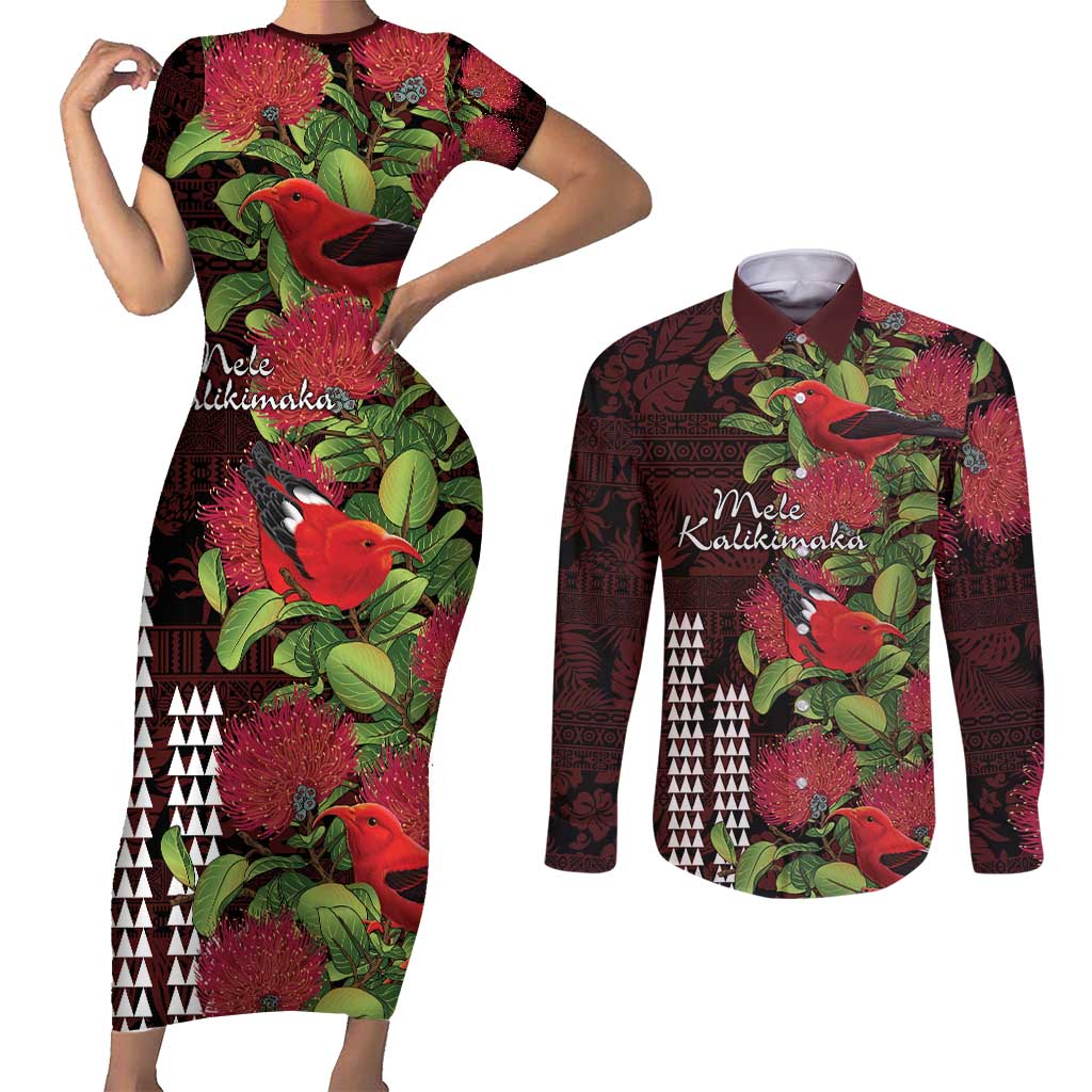 Hawaii Mele Kalikimaka Kakau Couples Matching Short Sleeve Bodycon Dress and Long Sleeve Button Shirt I'iwi Bird on Ohia Lehua
