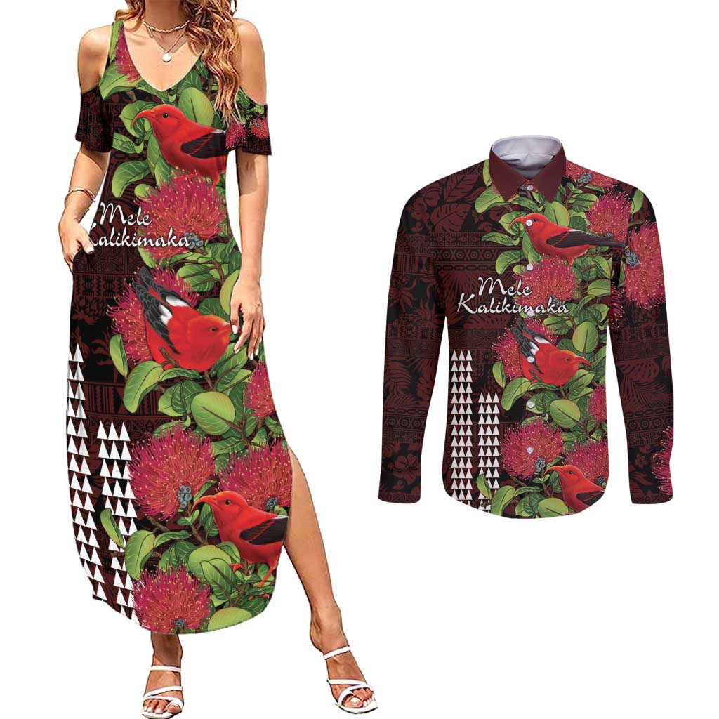Hawaii Mele Kalikimaka Kakau Couples Matching Summer Maxi Dress and Long Sleeve Button Shirt I'iwi Bird on Ohia Lehua