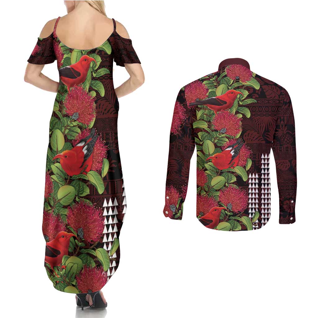 Hawaii Mele Kalikimaka Kakau Couples Matching Summer Maxi Dress and Long Sleeve Button Shirt I'iwi Bird on Ohia Lehua