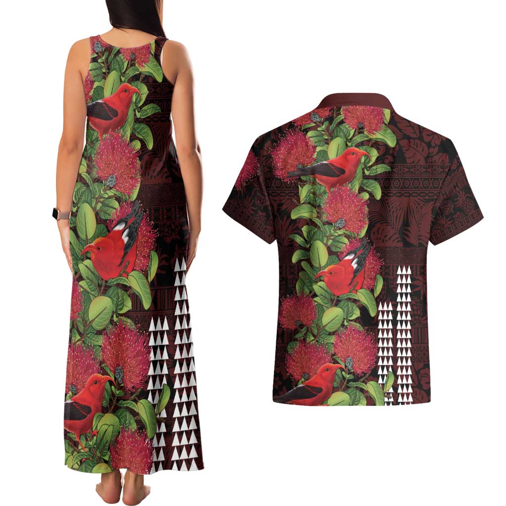 Hawaii Mele Kalikimaka Kakau Couples Matching Tank Maxi Dress and Hawaiian Shirt I'iwi Bird on Ohia Lehua LT7 - Polynesian Pride
