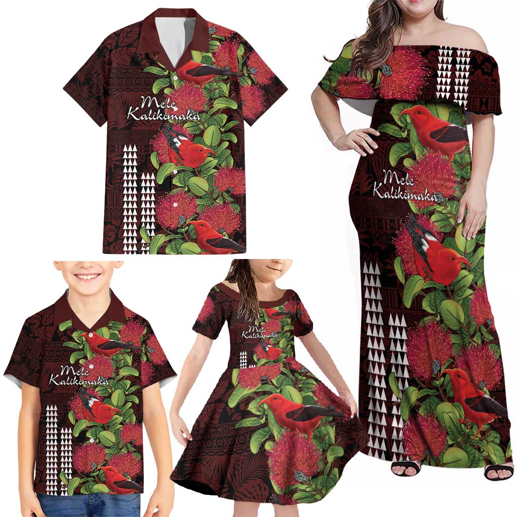 Hawaii Mele Kalikimaka Kakau Family Matching Off Shoulder Maxi Dress and Hawaiian Shirt I'iwi Bird on Ohia Lehua LT7 - Polynesian Pride