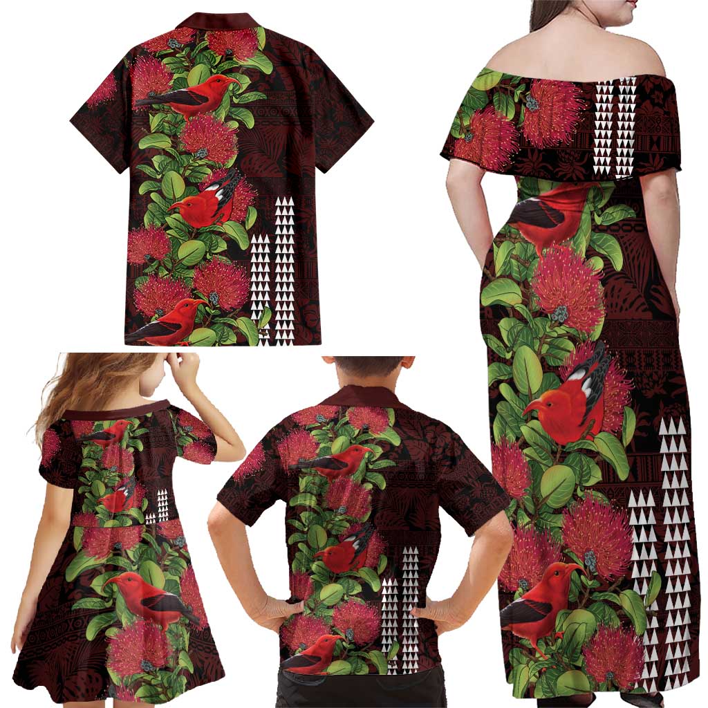 Hawaii Mele Kalikimaka Kakau Family Matching Off Shoulder Maxi Dress and Hawaiian Shirt I'iwi Bird on Ohia Lehua LT7 - Polynesian Pride