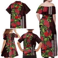 Hawaii Mele Kalikimaka Kakau Family Matching Off Shoulder Maxi Dress and Hawaiian Shirt I'iwi Bird on Ohia Lehua LT7 - Polynesian Pride