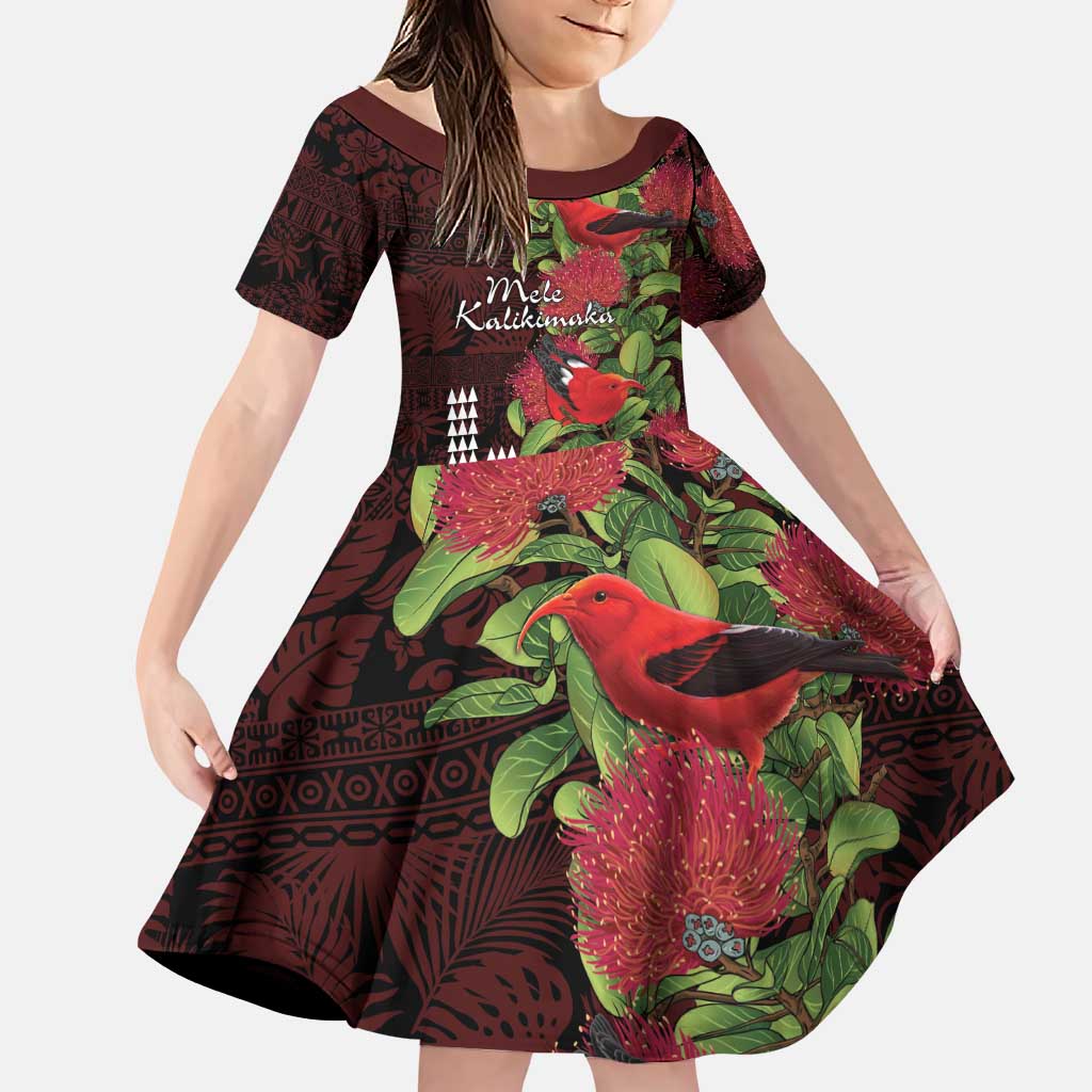 Hawaii Mele Kalikimaka Kakau Family Matching Puletasi and Hawaiian Shirt I'iwi Bird on Ohia Lehua LT7 Daughter's Dress Black Red - Polynesian Pride