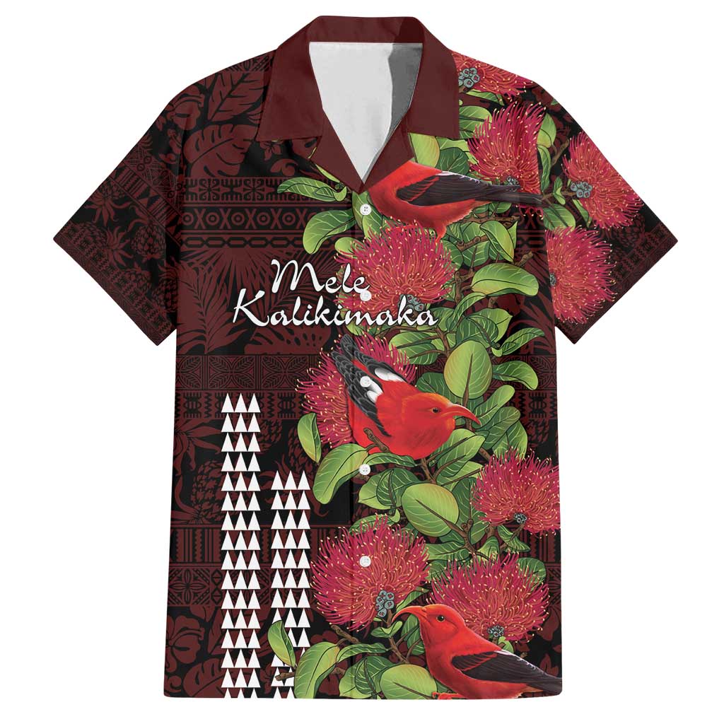 Hawaii Mele Kalikimaka Kakau Family Matching Puletasi and Hawaiian Shirt I'iwi Bird on Ohia Lehua LT7 Dad's Shirt - Short Sleeve Black Red - Polynesian Pride