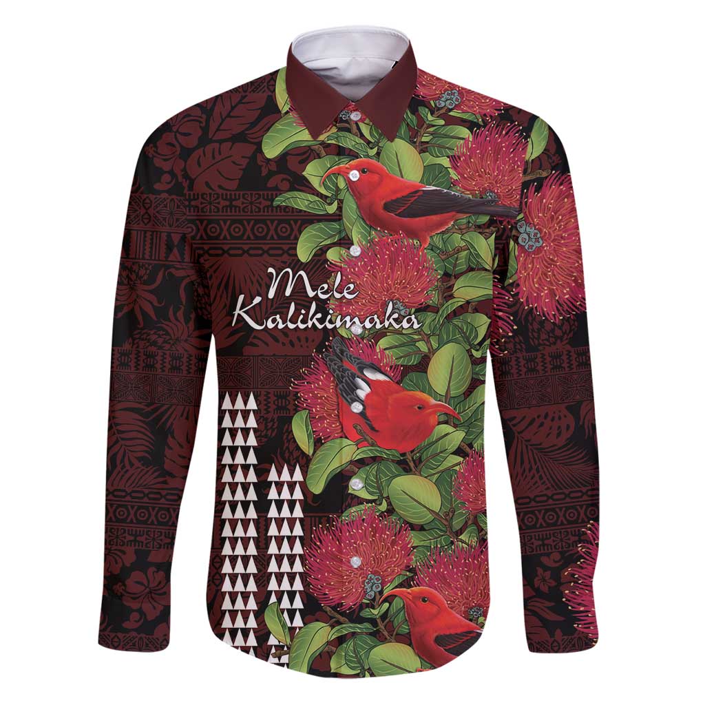 Hawaii Mele Kalikimaka Kakau Family Matching Puletasi and Hawaiian Shirt I'iwi Bird on Ohia Lehua LT7 Dad's Shirt - Long Sleeve Black Red - Polynesian Pride