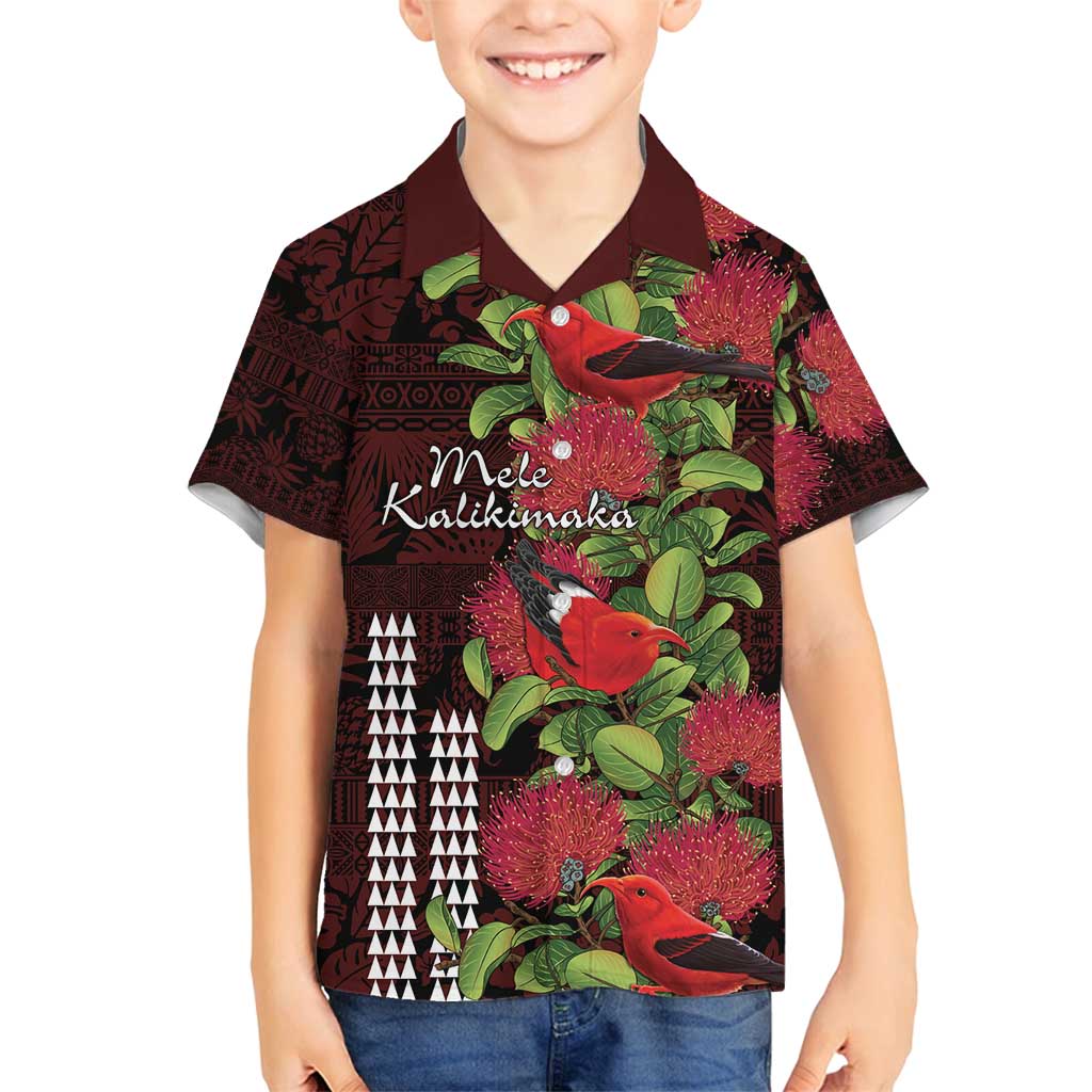 Hawaii Mele Kalikimaka Kakau Family Matching Puletasi and Hawaiian Shirt I'iwi Bird on Ohia Lehua LT7 Son's Shirt Black Red - Polynesian Pride