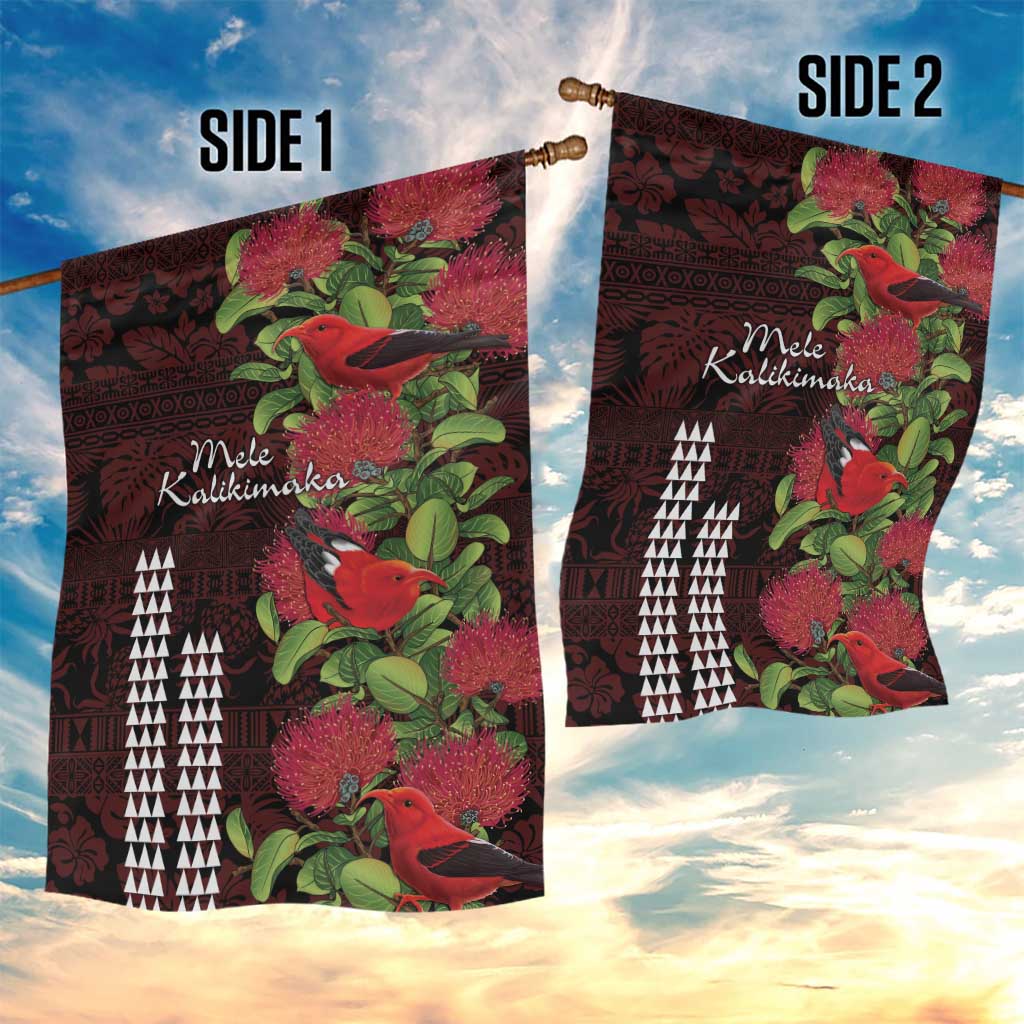 Hawaii Mele Kalikimaka Kakau Garden Flag I'iwi Bird on Ohia Lehua LT7 - Polynesian Pride