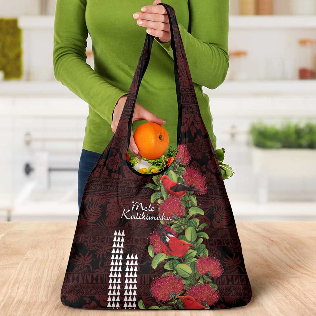 Hawaii Mele Kalikimaka Kakau Grocery Bag I'iwi Bird on Ohia Lehua