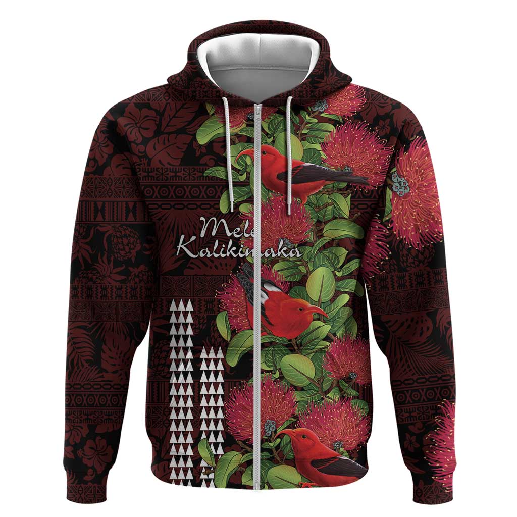 Hawaii Mele Kalikimaka Kakau Hoodie I'iwi Bird on Ohia Lehua LT7 Zip Hoodie Black Red - Polynesian Pride