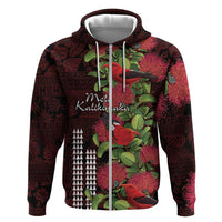Hawaii Mele Kalikimaka Kakau Hoodie I'iwi Bird on Ohia Lehua LT7 Zip Hoodie Black Red - Polynesian Pride