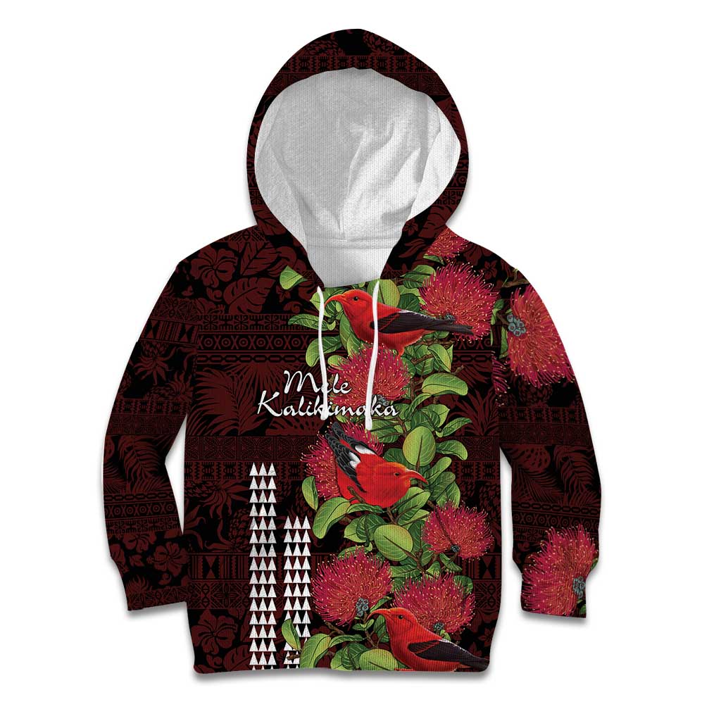 Hawaii Mele Kalikimaka Kakau Kid Hoodie I'iwi Bird on Ohia Lehua LT7 Hoodie Black Red - Polynesian Pride
