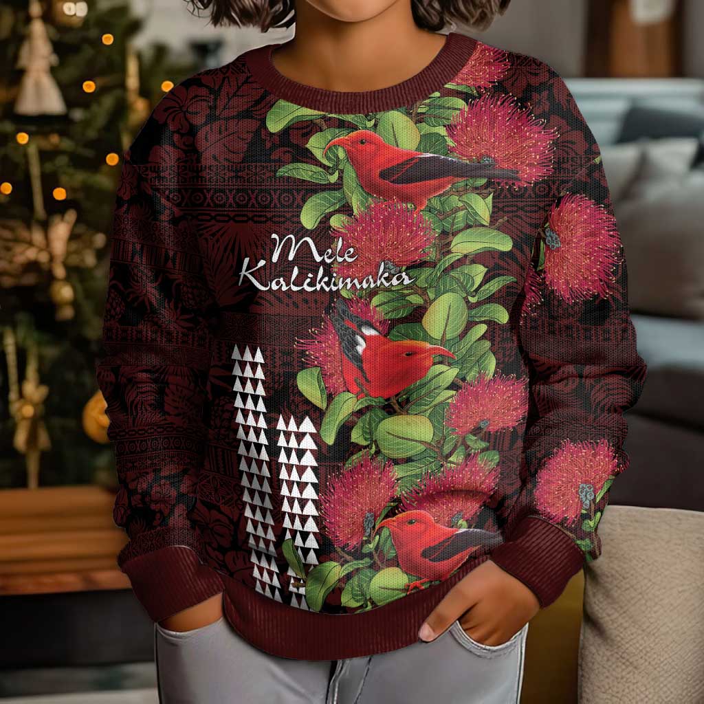 Hawaii Mele Kalikimaka Kakau Kid Ugly Christmas Sweater I'iwi Bird on Ohia Lehua LT7 - Polynesian Pride