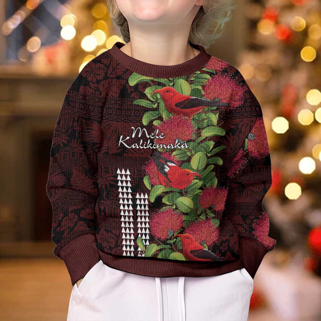 Hawaii Mele Kalikimaka Kakau Kid Ugly Christmas Sweater I'iwi Bird on Ohia Lehua LT7 - Polynesian Pride