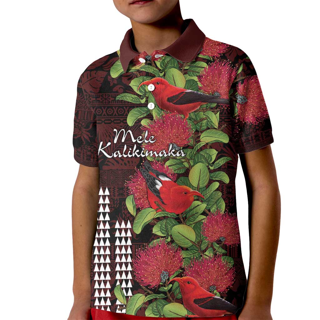 Hawaii Mele Kalikimaka Kakau Kid Polo Shirt I'iwi Bird on Ohia Lehua LT7 Kid Black Red - Polynesian Pride