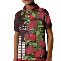 Hawaii Mele Kalikimaka Kakau Kid Polo Shirt I'iwi Bird on Ohia Lehua LT7 Kid Black Red - Polynesian Pride