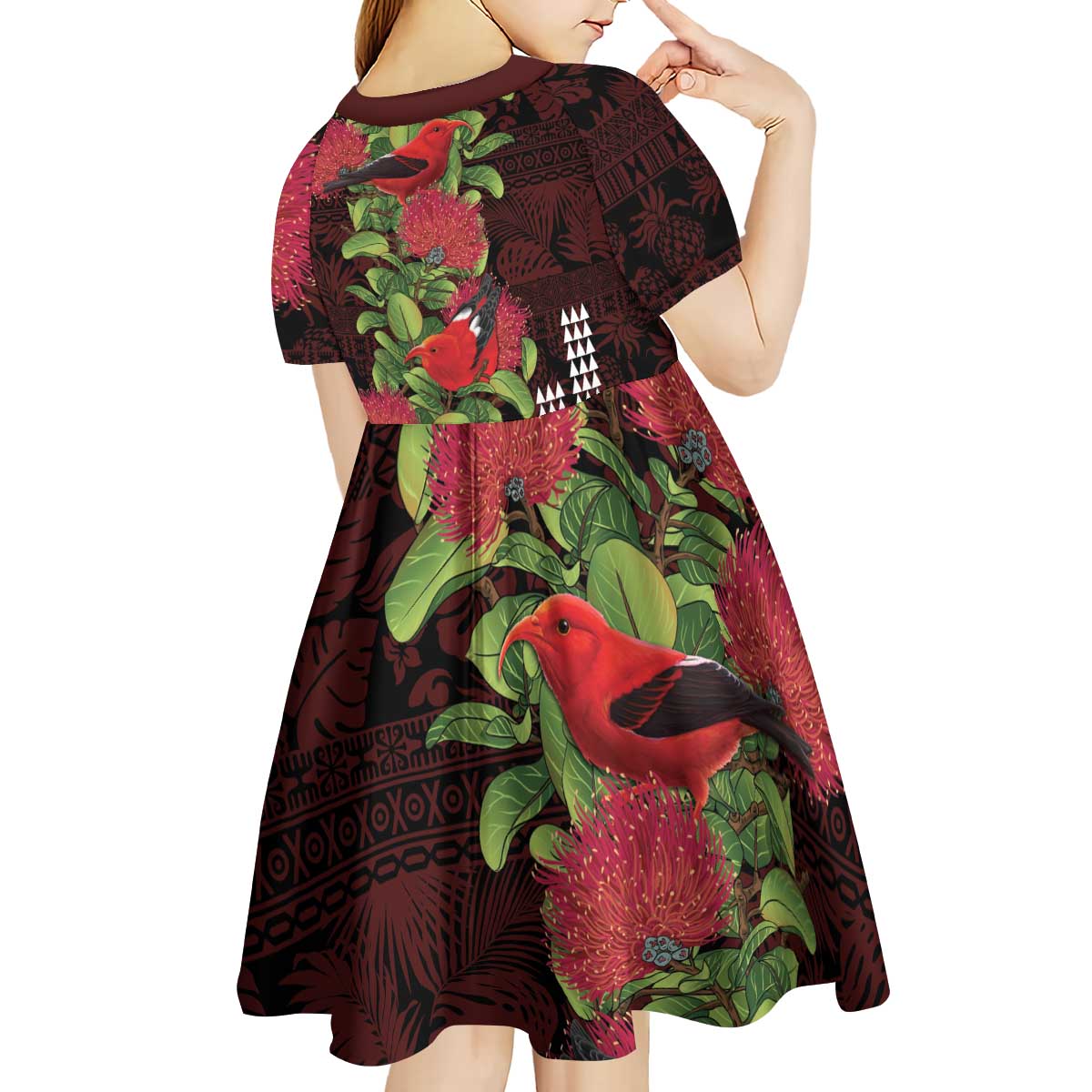 Hawaii Mele Kalikimaka Kakau Kid Short Sleeve Dress I'iwi Bird on Ohia Lehua LT7 - Polynesian Pride