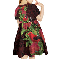 Hawaii Mele Kalikimaka Kakau Kid Short Sleeve Dress I'iwi Bird on Ohia Lehua LT7 - Polynesian Pride
