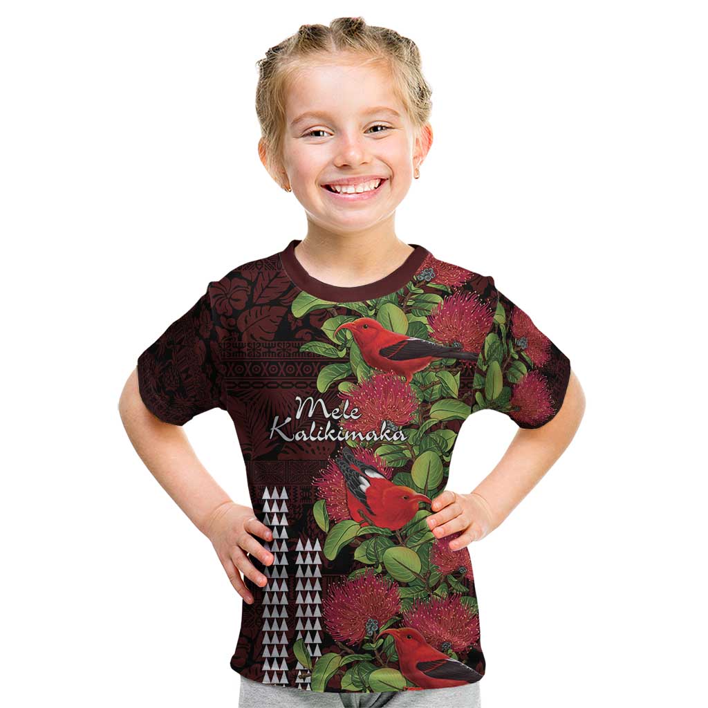 Hawaii Mele Kalikimaka Kakau Kid T Shirt I'iwi Bird on Ohia Lehua LT7 Black Red - Polynesian Pride