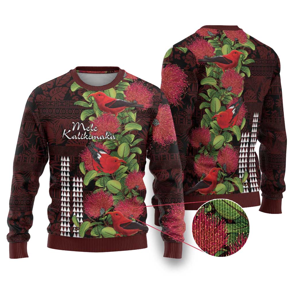 Hawaii Mele Kalikimaka Kakau Ugly Christmas Sweater I'iwi Bird on Ohia Lehua LT7 Black Red - Polynesian Pride