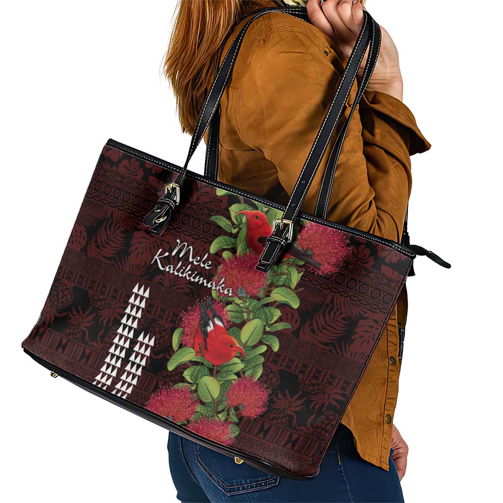 Hawaii Mele Kalikimaka Kakau Leather Tote Bag I'iwi Bird on Ohia Lehua LT7 - Polynesian Pride