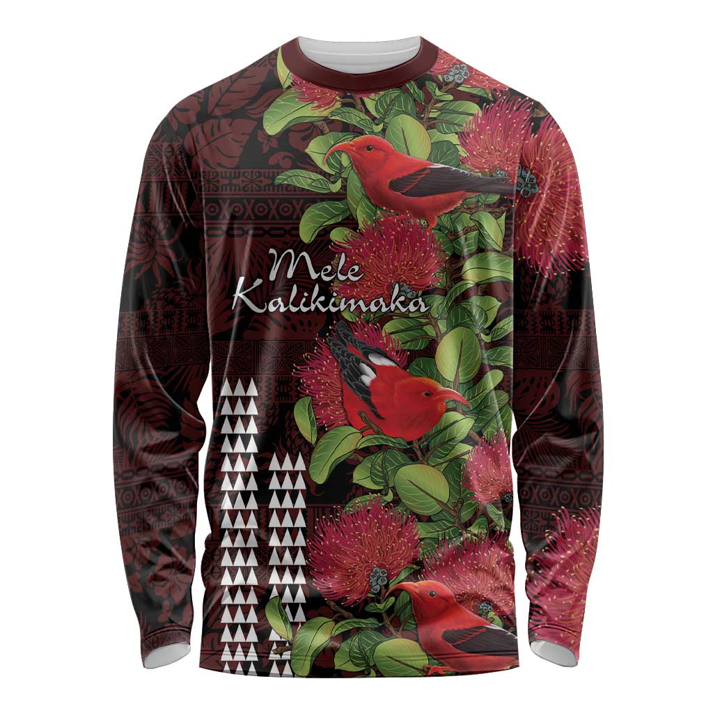 Hawaii Mele Kalikimaka Kakau Long Sleeve Shirt I'iwi Bird on Ohia Lehua LT7 Unisex Black Red - Polynesian Pride