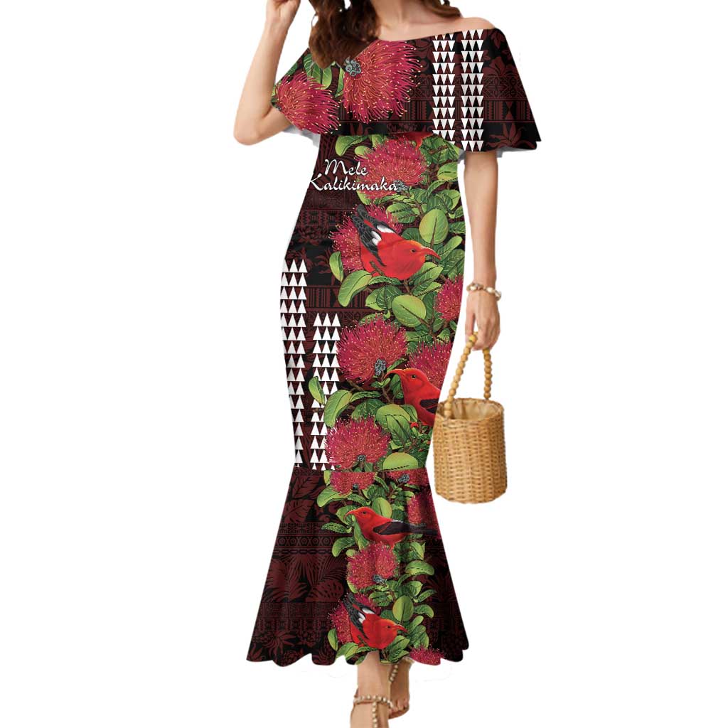 Hawaii Mele Kalikimaka Kakau Mermaid Dress I'iwi Bird on Ohia Lehua LT7 Women Black Red - Polynesian Pride