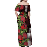 Hawaii Mele Kalikimaka Kakau Off Shoulder Maxi Dress I'iwi Bird on Ohia Lehua LT7 - Polynesian Pride