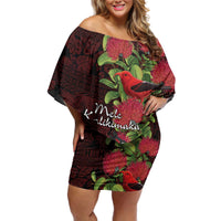 Hawaii Mele Kalikimaka Kakau Off Shoulder Short Dress I'iwi Bird on Ohia Lehua LT7 Women Black Red - Polynesian Pride