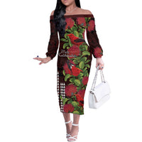 Hawaii Mele Kalikimaka Kakau Off The Shoulder Long Sleeve Dress I'iwi Bird on Ohia Lehua LT7 Women Black Red - Polynesian Pride