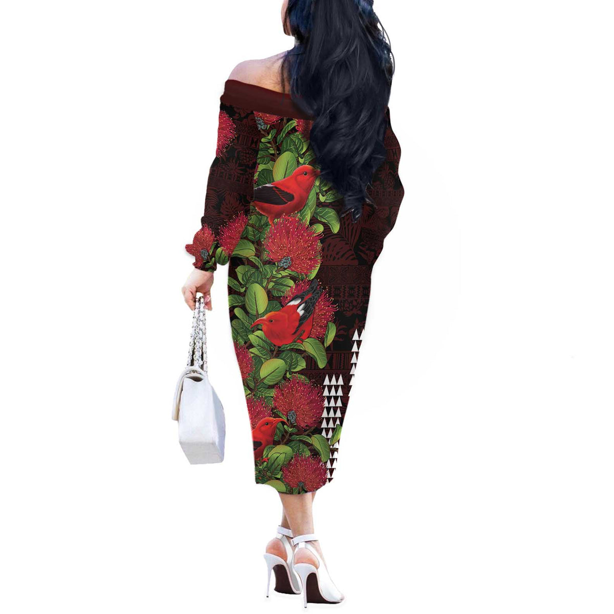 Hawaii Mele Kalikimaka Kakau Off The Shoulder Long Sleeve Dress I'iwi Bird on Ohia Lehua LT7 - Polynesian Pride