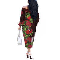 Hawaii Mele Kalikimaka Kakau Off The Shoulder Long Sleeve Dress I'iwi Bird on Ohia Lehua LT7 - Polynesian Pride