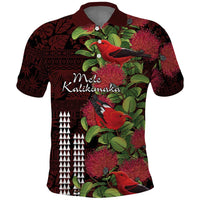 Hawaii Mele Kalikimaka Kakau Polo Shirt I'iwi Bird on Ohia Lehua LT7 Black Red - Polynesian Pride