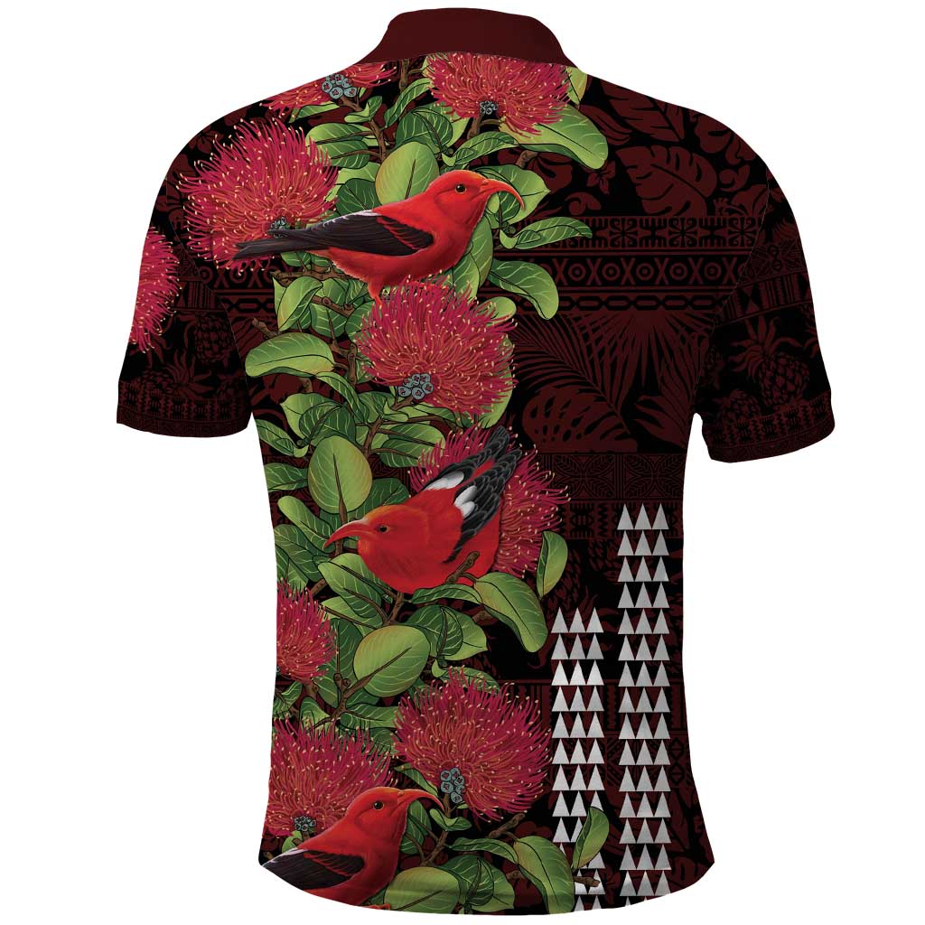 Hawaii Mele Kalikimaka Kakau Polo Shirt I'iwi Bird on Ohia Lehua LT7 - Polynesian Pride